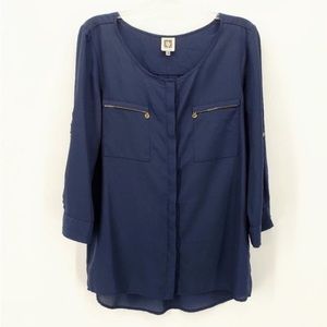 Navy Blue Anne Klein button up blouse with detailed gold zipper pockets